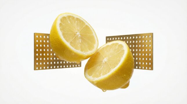 Yellow lemon halves and gold perforated metal strips floating on white