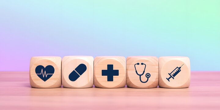 Wooden blocks with medical icons lined up on a wooden table against a pastel background representing healthcare and wellness concepts