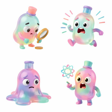 Character sheet of a cute amoeba and retro microscope hybrid mascot in smooth claymation style. 2x2 grid showing 4 poses: inspecting, running in panic, melting, and eureka. Isolated on white