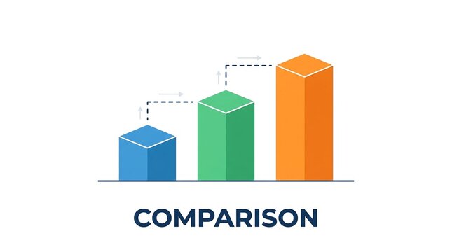 Three dimensional isometric bar chart comparison graph showing growth and increase over time