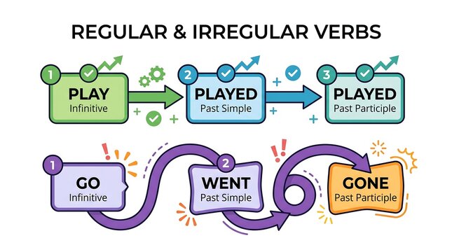 Regular and irregular verbs educational timeline infographic with play played and go went gone