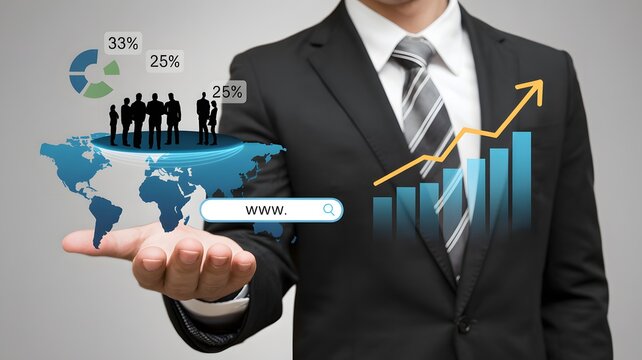 A professional business concept showing global digital growth strategy and data analysis represented by interactive holographic charts