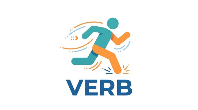 Action verb vector graphic showing a running figure with dynamic speed lines for grammar study