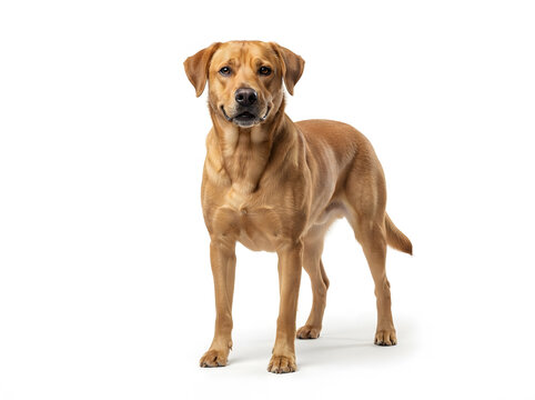 Tan-colored labrador retriever standing alert with neutral expression on clean white background