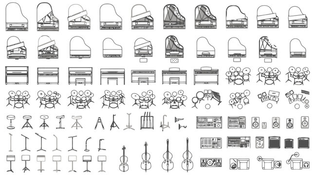 Music Room Instruments Floor Plan Symbols CAD Blocks Set Top View
