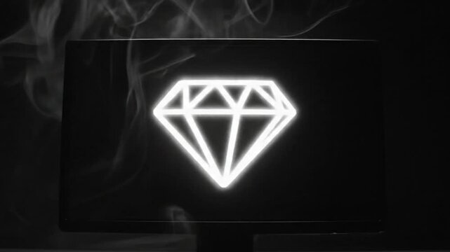 Bright neon diamond gemstone logo on a black computer monitor screen with smoke, elegant and cool visual