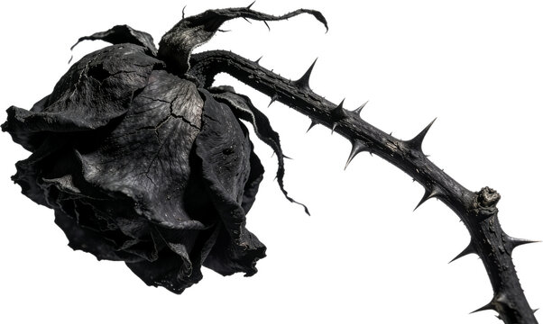 Gothic dead black rose branch with sharp thorns PNG cutout