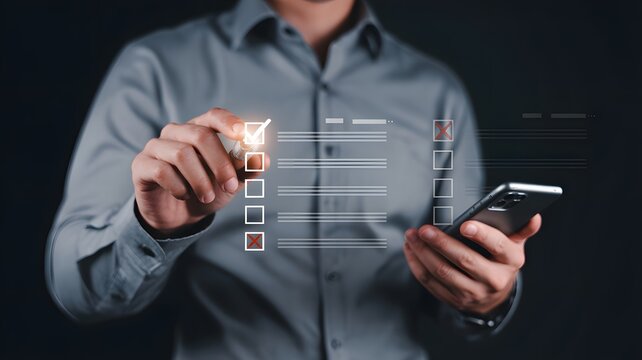 Professional completing a digital checklist or survey with a stylus while holding a smartphone, illustrating efficient online task management and strategic planning for business success