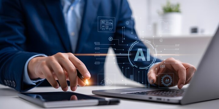 Professional Business Executive Utilizing Advanced Artificial Intelligence Digital Interface Software on Laptop Computer at Office Desk