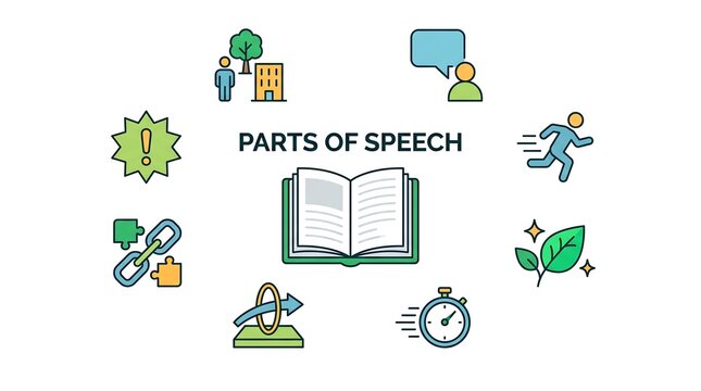 Book with surrounding icons representing parts of speech in grammar education