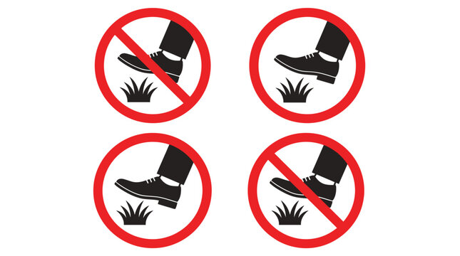 Multiple red prohibition signs depicting keep off the grass warning symbols featuring black shoes