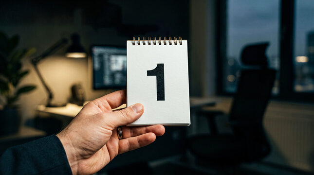 Hand holding white spiral notebook with large number one printed on page inside dark modern office with blurred background.