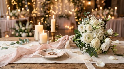 Obraz premium Elegant wedding table setting with white roses, lit candles, pink silk ribbon and place setting in warm romantic lightwedding, table setting, white roses, flowers, bouquet, candles, pink ribbon, silk,