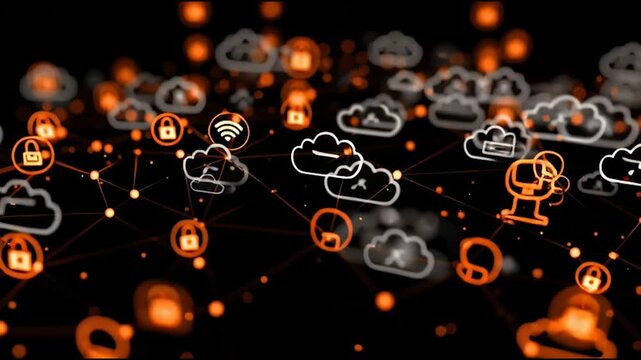 abstract cloud social media innovative cyber security network, using interconnected nodes to represent business partnerships on the Smart digital Innovation city with connection network reciprocity