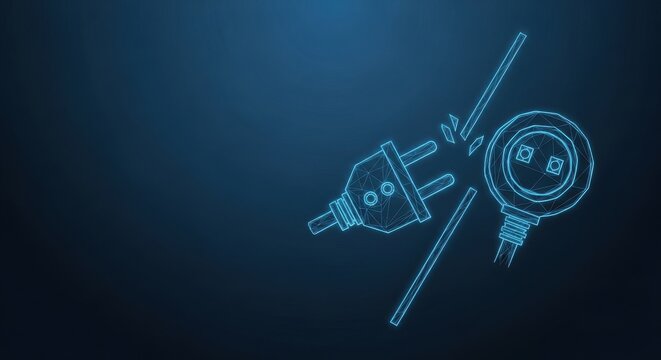 Abstract illustration of a broken electrical plug and socket with glowing blue lines on a dark digital background, symbolizing power disconnection or energy failure.