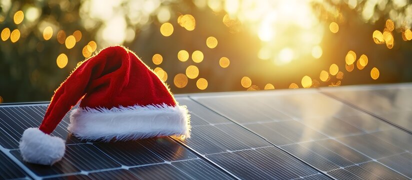 Solar panel with Christmas decorations. Renewable energy concept in winter.