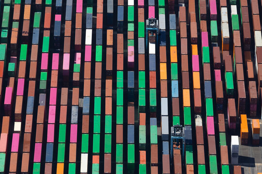 Aerial top down view of a busy container terminal