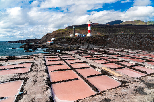 Fuencaliente lighthouse and pink salt pans on La Palma Canary Islands