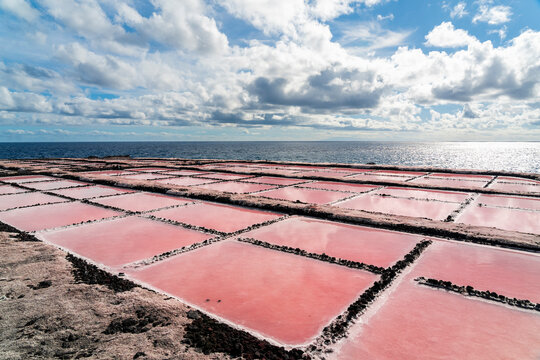 Pink salt flats by the ocean under a cloudy sky,  Fuencaliente