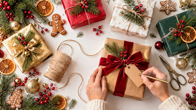 Christmas gift wrapping with red velvet ribbon, festive presents, gingerbread cookies, fir branches, berries and ornaments arranged on white table