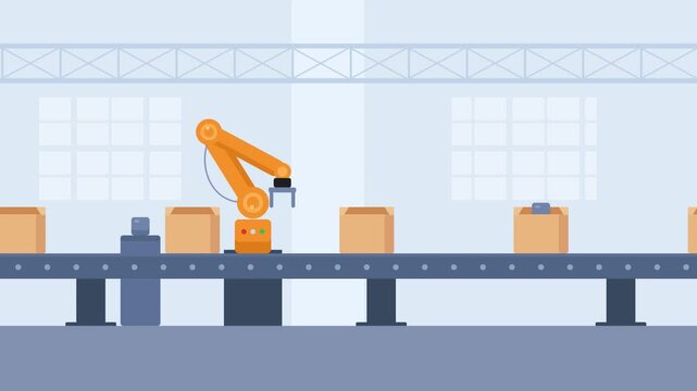 Robotic arm packing boxes on factory conveyor belt animation