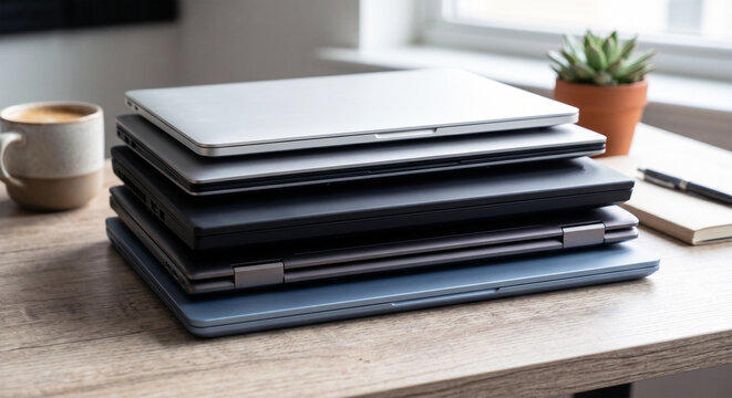 stack of laptops on a gray background, on the table, laptop computer, tablet, business, work, remote work, freelance.
