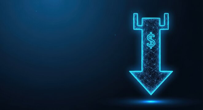 Glowing Neon Dollar Sign Arrow Pointing Downward in a Digital Network