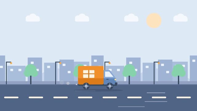 City street scene animation with delivery van and trees