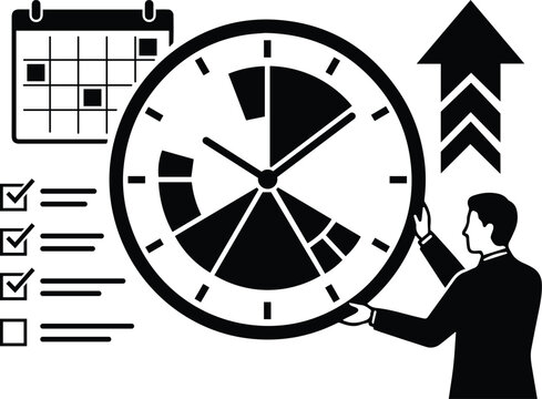 Business professional holding a clock with pie chart segments next to a calendar and checklist icons