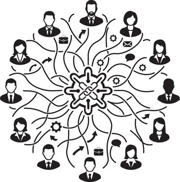 Business people icons connected to a central hub representing networking communication and corporate team collaboration structure