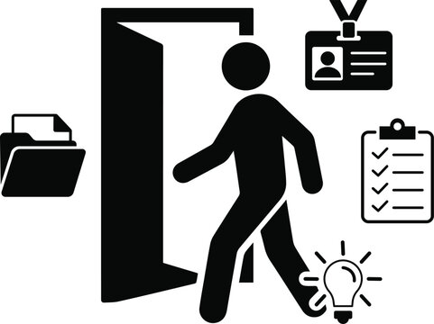 Icon set representing a person entering a room with business documents identification badge and creative ideas