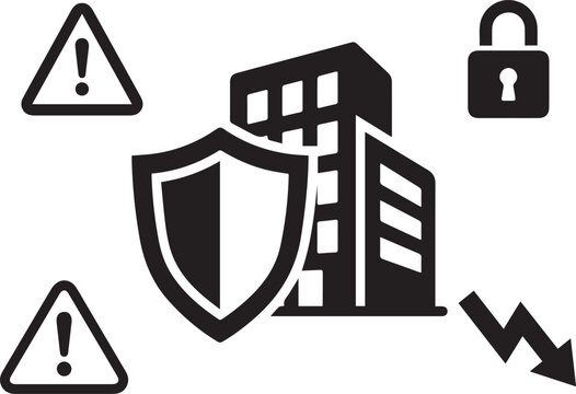 Black and white icon representing corporate building security protection risks and digital infrastructure safety management concepts