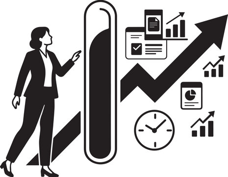Businesswoman interacting with financial growth charts and performance metrics in a professional digital workspace environment