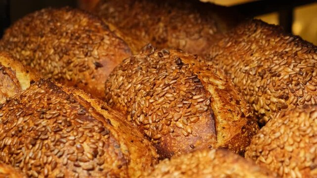 Baker places warm wholemeal bread on wooden surface to cool gradually. Aromatic loaves of bread decorated with different types of crunchy seeds