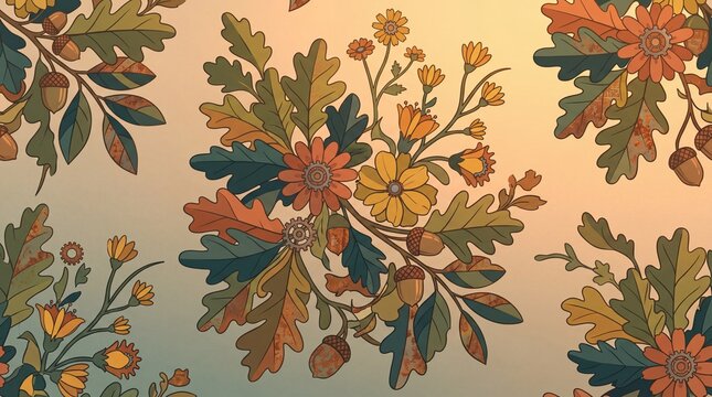autumn floral seamless pattern with oak leaves and flowers