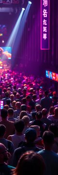 Lighting effects illuminate the pulsating crowd, concert, party