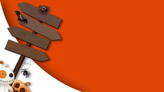 Spooky Halloween Background with Wooden Signpost Spider Pumpkin and Copy Space for Text.