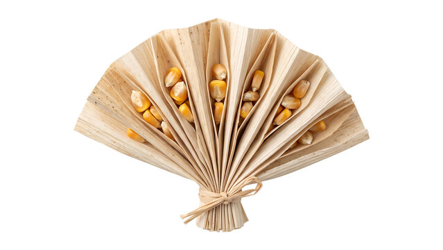 Dried corn kernels inside folded corn husks with string presented single on transparent background
