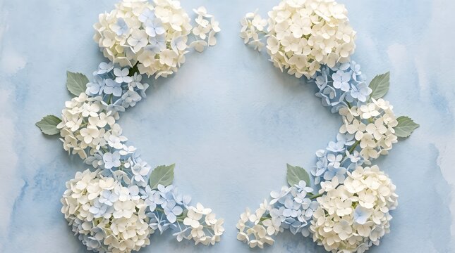 Beautiful floral wreath made of white and blue hydrangea flowers on a soft blue background