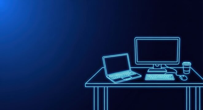 A modern digital remote work setup with a laptop, monitor, and keyboard on a blue desk, illustrating technology and productivity.