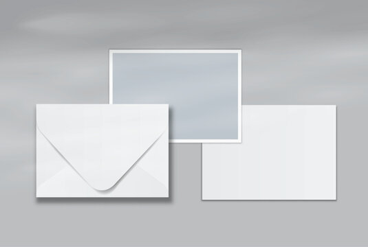 Blank postcard and envelope mockup on a soft background, featuring a minimal layout with realistic shadows for stationery branding, invitation design, wedding cards, gift card and print presentation