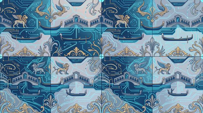 blue and gold vintage decorative pattern with animals and boats