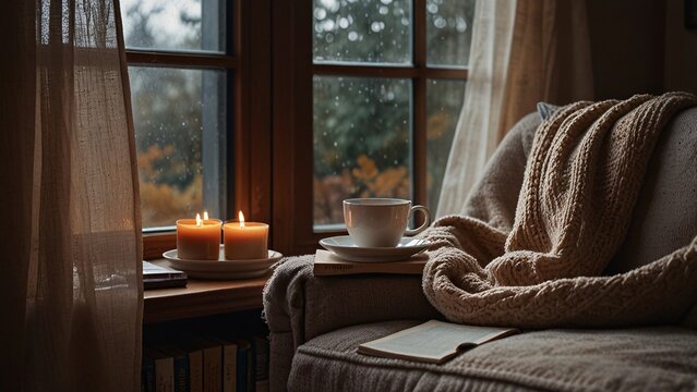 Reading nook by a window with an armchair, wool throw, open book and tea on a rainy autumn day