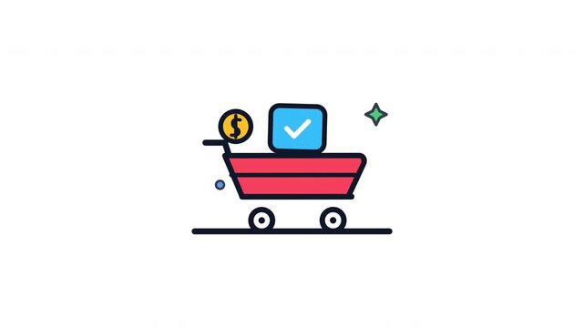 Shopping cart icons with checkmark and dollar coin on white