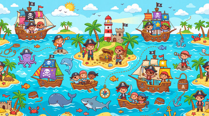 Naklejka premium cartoon pirate ships and characters on island, treasure hunt, kids illustration