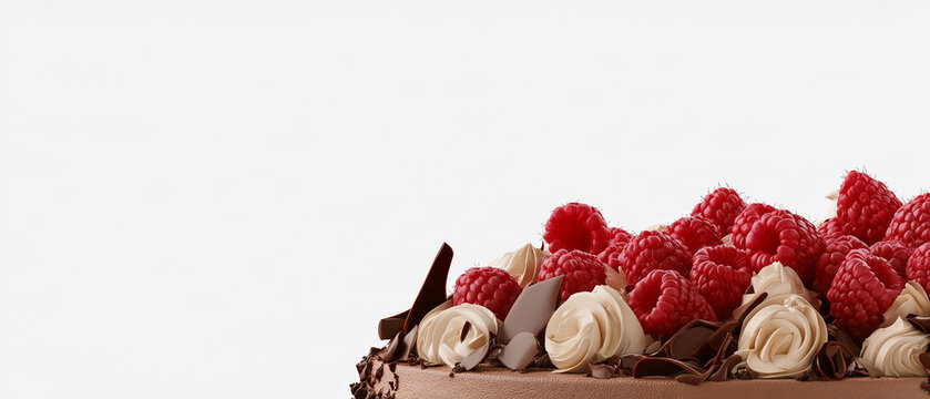 Raspberry Chocolate Cake Delight: A rich chocolate cake generously topped with fresh, vibrant raspberries and elegant chocolate shavings, creating a delectable dessert masterpiece.