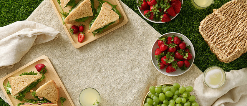 Picnic Spread Delights: A delightful spread of sandwiches, fresh strawberries, and ripe green grapes arranged on a picnic blanket, promising a perfect outdoor feast.