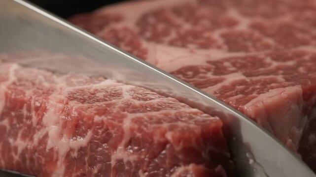 Close-up of knife cutting raw marbled wagyu beef steak on black board