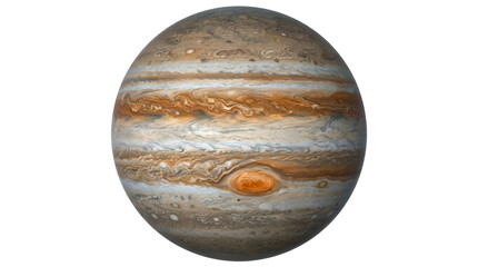 Jupiter planet sphere with detailed brown clouds and great red spot isolated on transparent background © Hosnibee_PNG