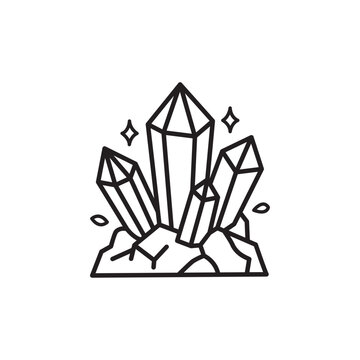 Minimalist line art icon of a cluster of sharp magic crystals and gems on rock.